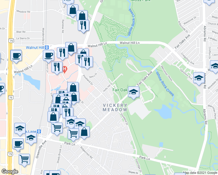 map of restaurants, bars, coffee shops, grocery stores, and more near 7431 Holly Hill Drive in Dallas