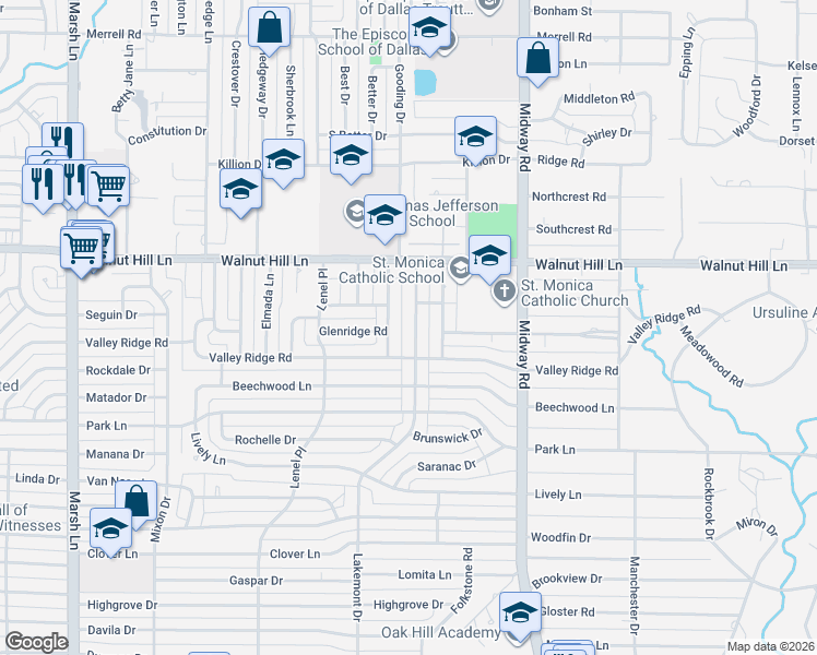 map of restaurants, bars, coffee shops, grocery stores, and more near 9915 Lakemont Drive in Dallas