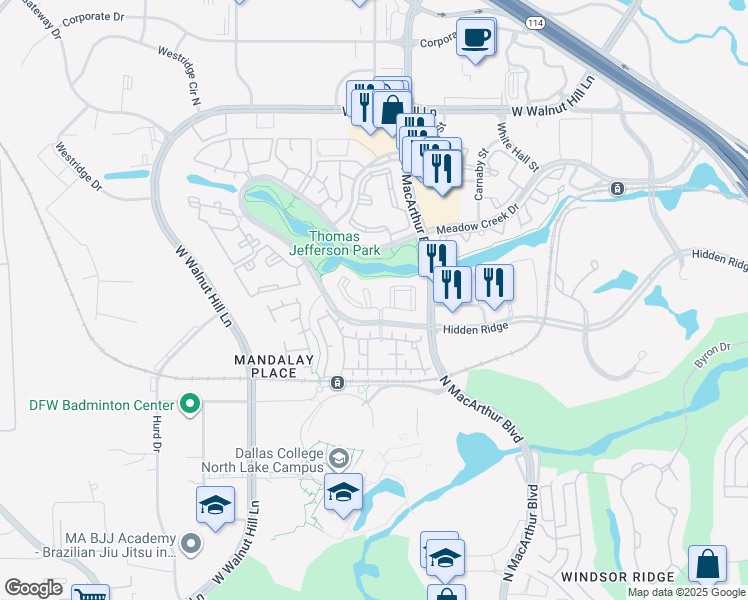 map of restaurants, bars, coffee shops, grocery stores, and more near 1131 Hidden Ridge in Irving