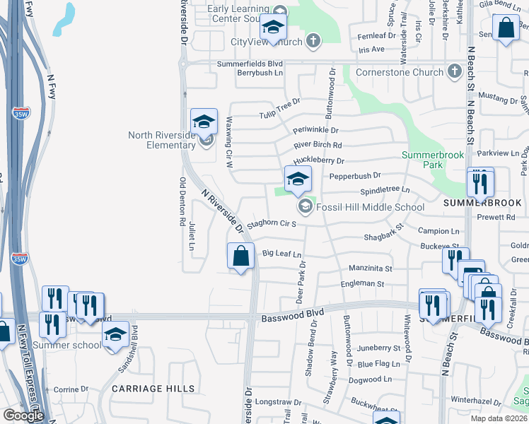 map of restaurants, bars, coffee shops, grocery stores, and more near 7621 Honeybee Lane in Fort Worth