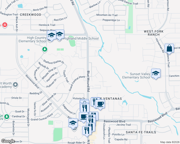 map of restaurants, bars, coffee shops, grocery stores, and more near 2653 North Blue Mound Road in Fort Worth