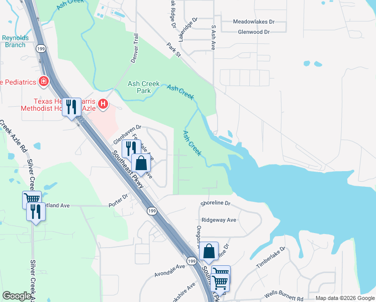 map of restaurants, bars, coffee shops, grocery stores, and more near 109 Bosque Court in Azle