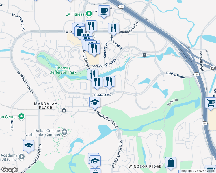 map of restaurants, bars, coffee shops, grocery stores, and more near 919 Hidden Ridge in Irving