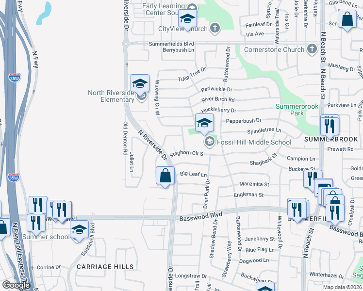 map of restaurants, bars, coffee shops, grocery stores, and more near 7621 Honeybee Lane in Fort Worth