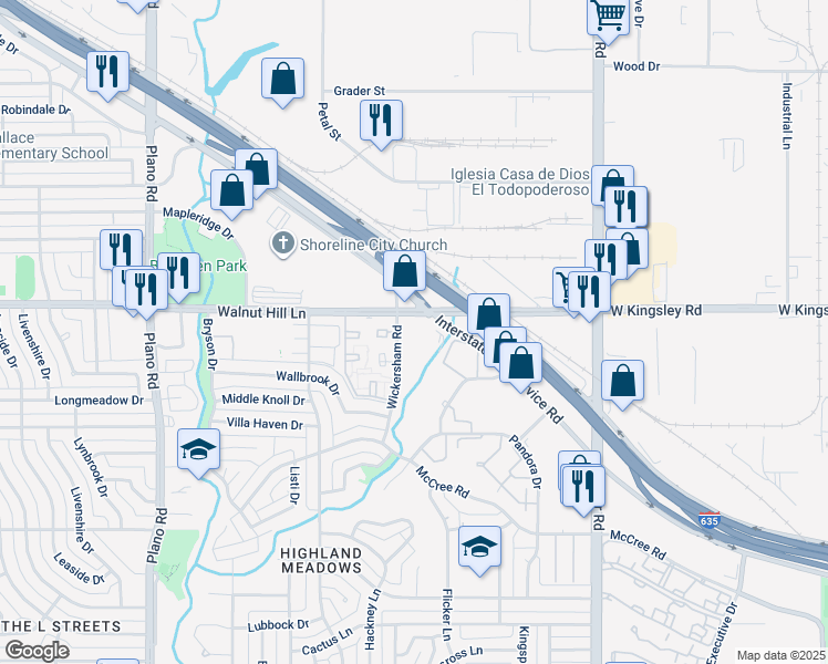 map of restaurants, bars, coffee shops, grocery stores, and more near 11200 Walnut Hill Lane in Dallas