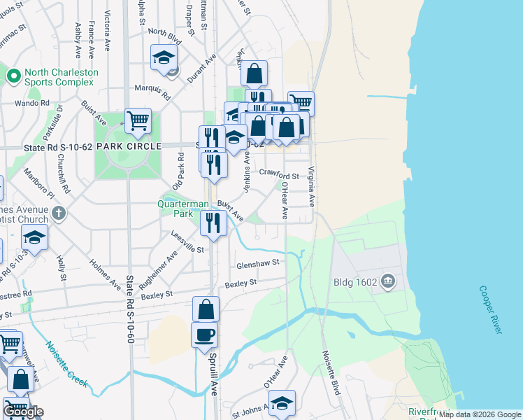 map of restaurants, bars, coffee shops, grocery stores, and more near 4630 Oakwood Avenue in North Charleston