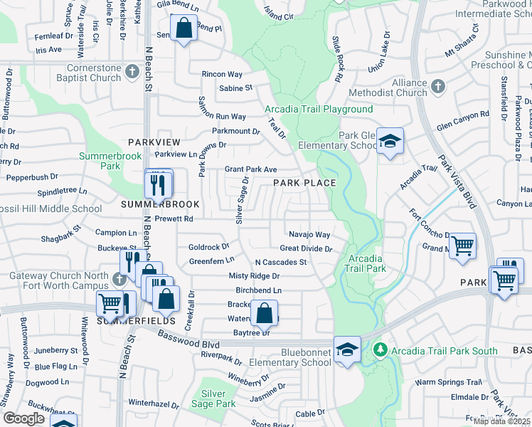 map of restaurants, bars, coffee shops, grocery stores, and more near 7755 Beaver Head Road in Fort Worth