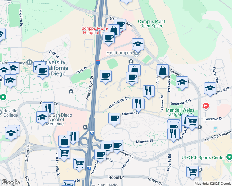 map of restaurants, bars, coffee shops, grocery stores, and more near 9350 Campus Point Drive in San Diego