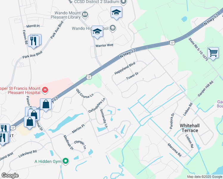 map of restaurants, bars, coffee shops, grocery stores, and more near 1188 Landau Lane in Mount Pleasant