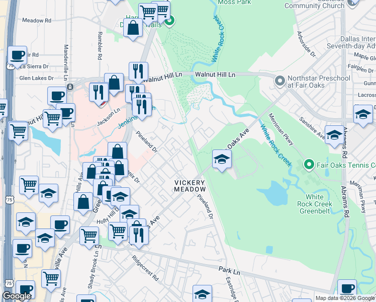 map of restaurants, bars, coffee shops, grocery stores, and more near 7450 Holly Hill Drive in Dallas