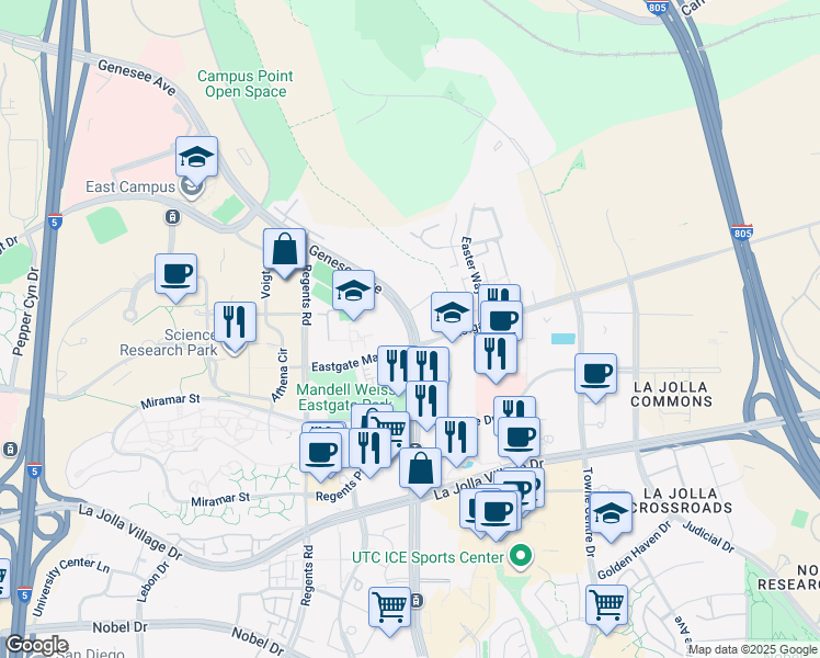 map of restaurants, bars, coffee shops, grocery stores, and more near 9490 Genesee Avenue in San Diego