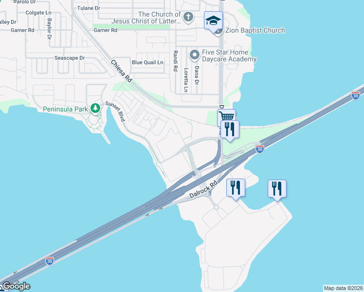 map of restaurants, bars, coffee shops, grocery stores, and more near 1801 Bayside Drive in Rowlett