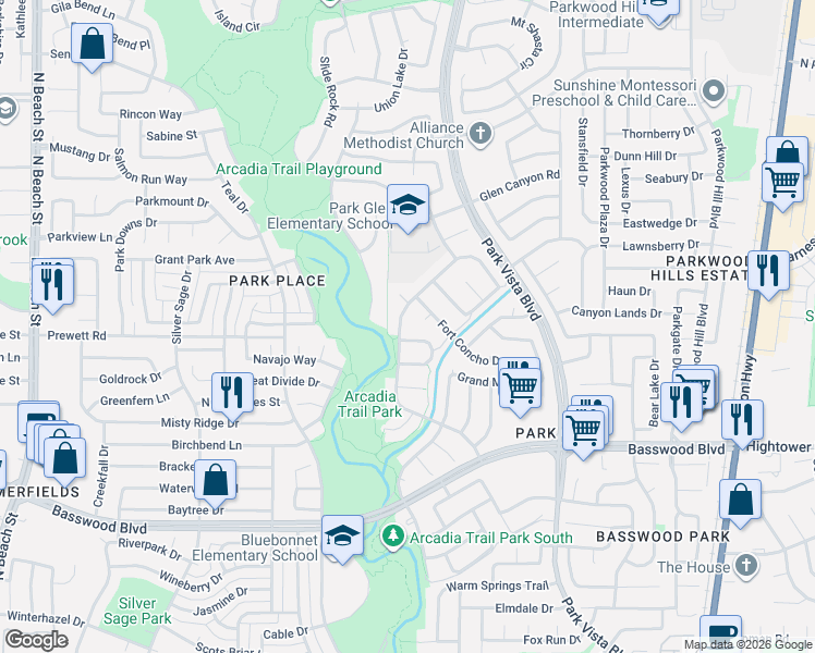 map of restaurants, bars, coffee shops, grocery stores, and more near 7662 Arcadia Trail in Fort Worth