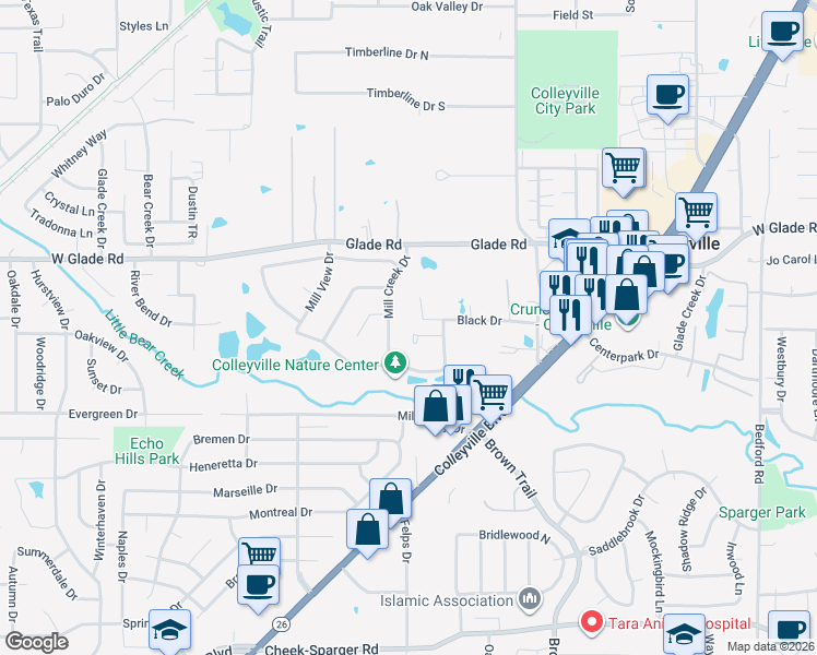 map of restaurants, bars, coffee shops, grocery stores, and more near 4800 Black Court in Colleyville