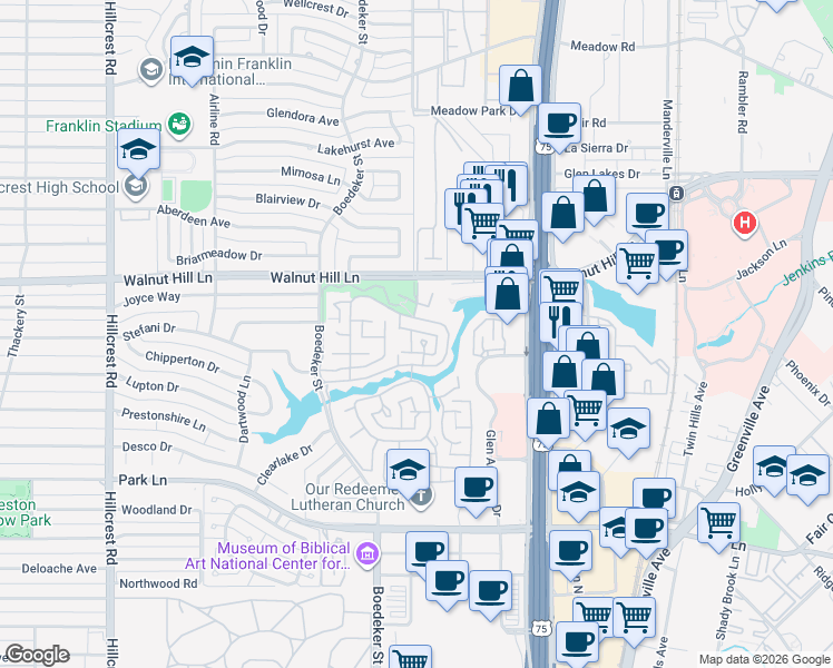 map of restaurants, bars, coffee shops, grocery stores, and more near 7740 Glen Albens Circle in Dallas