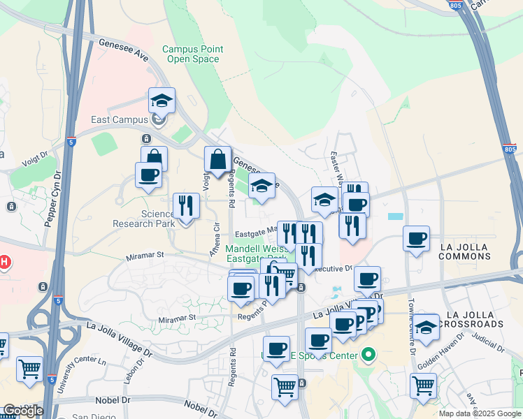 map of restaurants, bars, coffee shops, grocery stores, and more near 9490 Genesee Avenue in San Diego