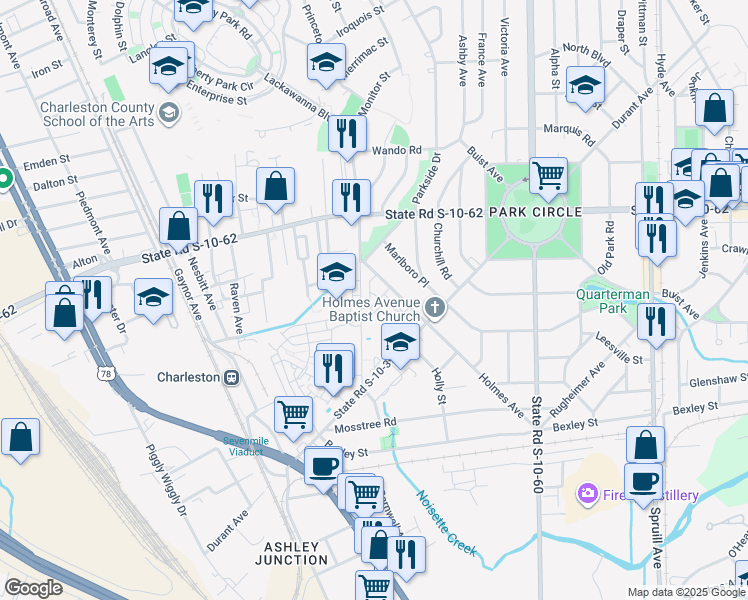 map of restaurants, bars, coffee shops, grocery stores, and more near 4631 Holmes Avenue in North Charleston