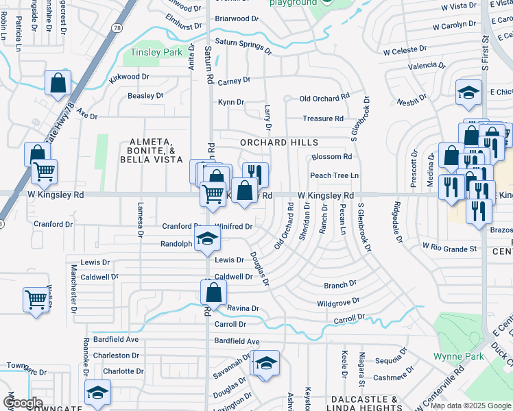 map of restaurants, bars, coffee shops, grocery stores, and more near 1320 West Kingsley Road in Garland