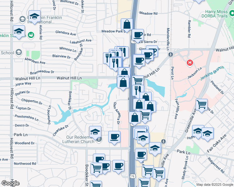 map of restaurants, bars, coffee shops, grocery stores, and more near 7777 Glen America Drive in Dallas