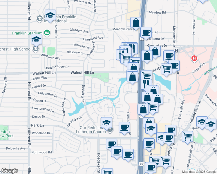 map of restaurants, bars, coffee shops, grocery stores, and more near 7740 Glen Albens Circle in Dallas