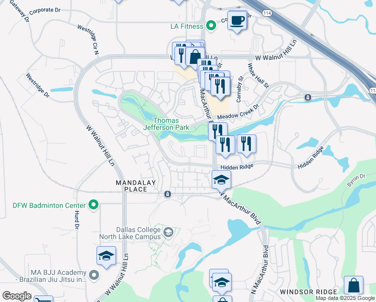 map of restaurants, bars, coffee shops, grocery stores, and more near 1131 Hidden Ridge in Irving