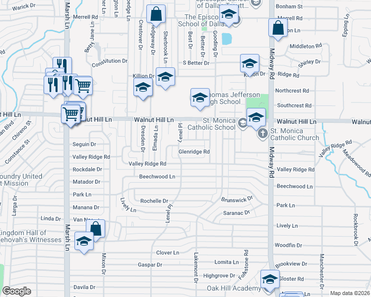 map of restaurants, bars, coffee shops, grocery stores, and more near 4012 Williamsburg Road in Dallas