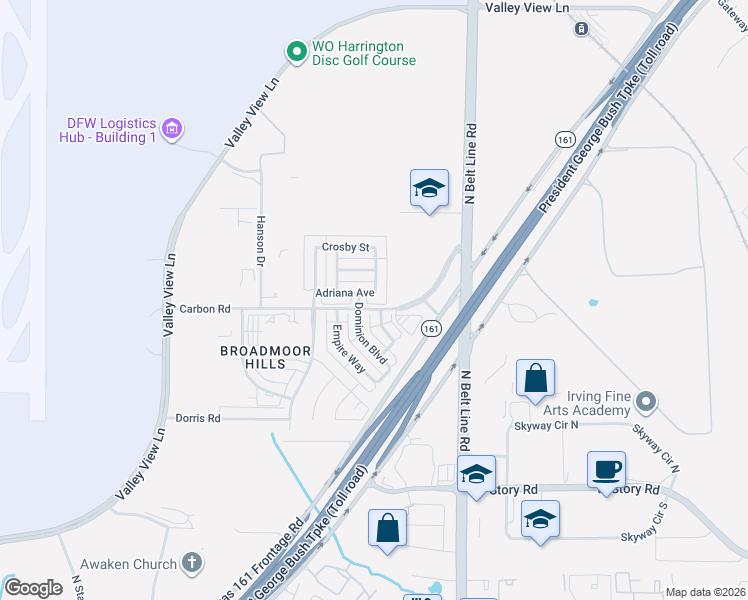 map of restaurants, bars, coffee shops, grocery stores, and more near 3615 Adriana Avenue in Irving