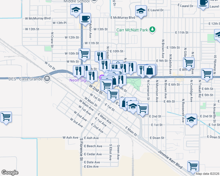 map of restaurants, bars, coffee shops, grocery stores, and more near 413 North Florence Street in Casa Grande