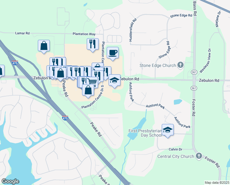 map of restaurants, bars, coffee shops, grocery stores, and more near 5910 Zebulon Road in Macon