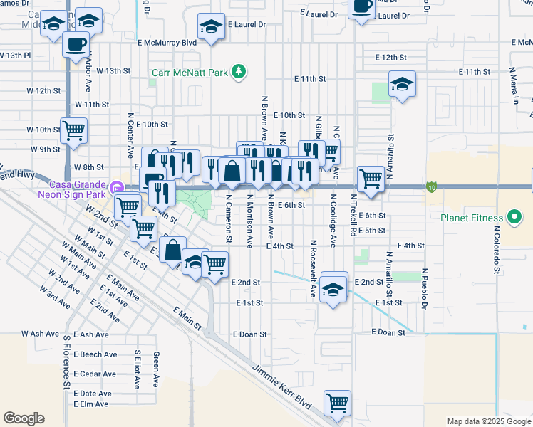 map of restaurants, bars, coffee shops, grocery stores, and more near 513 North Brown Avenue in Casa Grande