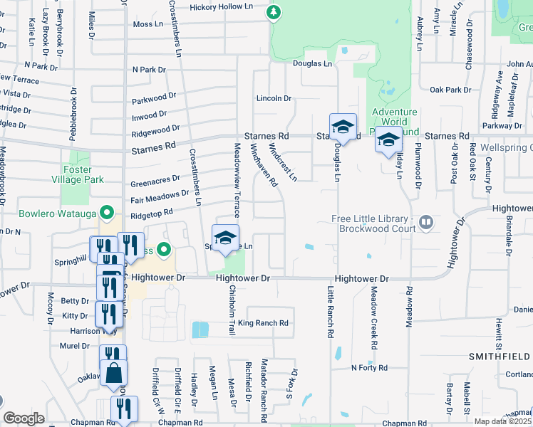 map of restaurants, bars, coffee shops, grocery stores, and more near 7000 Ridgetop Road in North Richland Hills