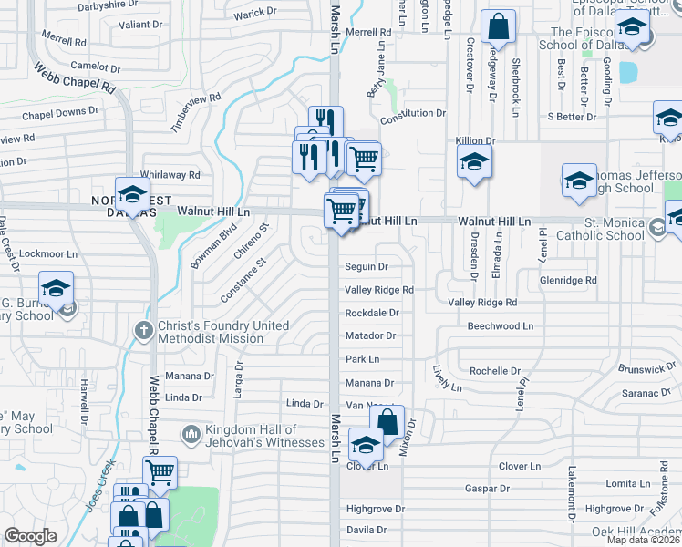 map of restaurants, bars, coffee shops, grocery stores, and more near 3638 Seguin Drive in Dallas