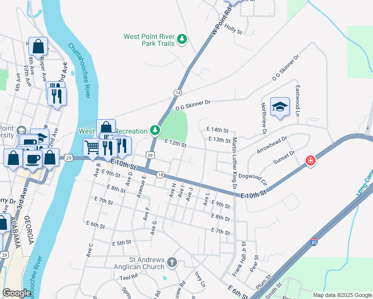 map of restaurants, bars, coffee shops, grocery stores, and more near 1003 East 12th Street in West Point