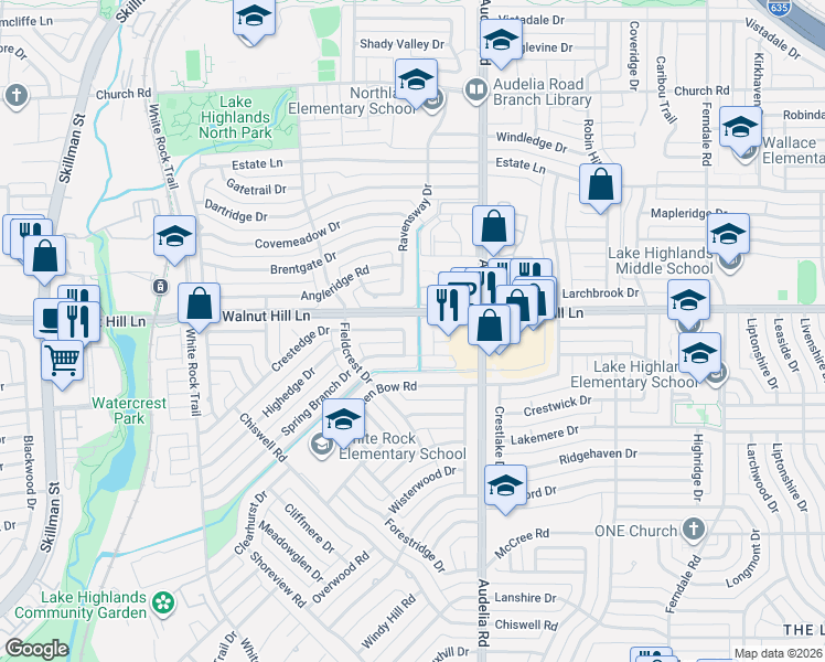 map of restaurants, bars, coffee shops, grocery stores, and more near 9667 Rockpoint Court in Dallas