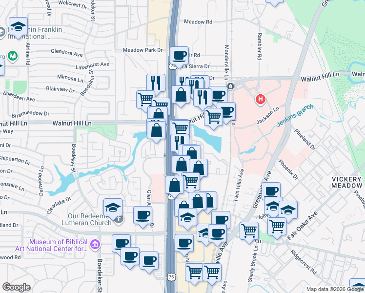 map of restaurants, bars, coffee shops, grocery stores, and more near 9500 East Service Road in Dallas