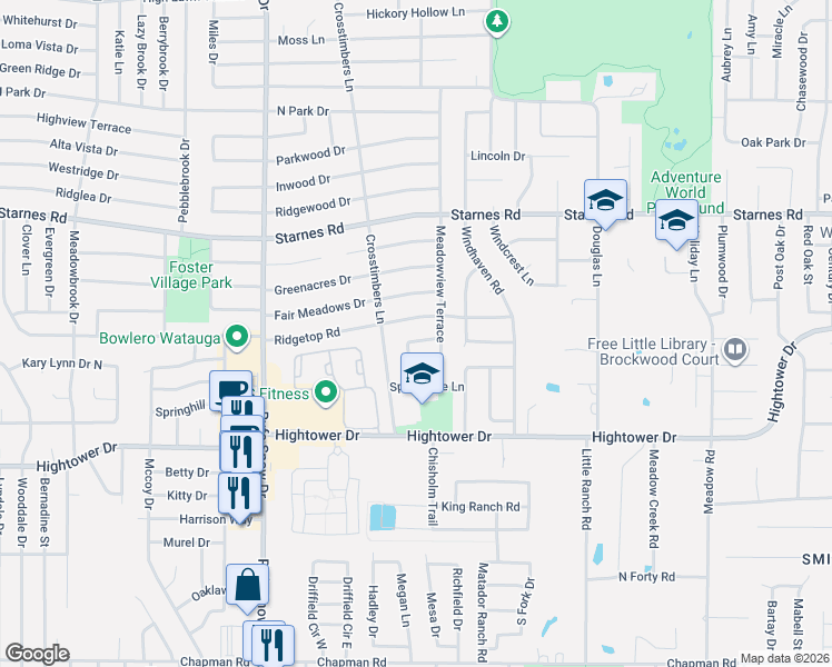map of restaurants, bars, coffee shops, grocery stores, and more near 6828 Ridgetop Road in North Richland Hills