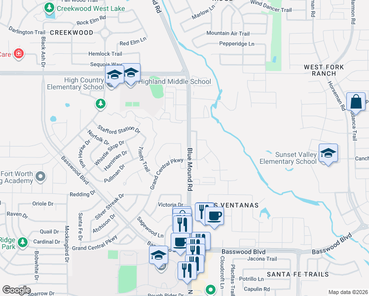 map of restaurants, bars, coffee shops, grocery stores, and more near 2653 North Blue Mound Road in Fort Worth