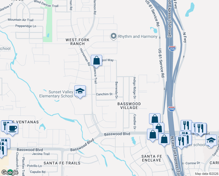 map of restaurants, bars, coffee shops, grocery stores, and more near 2413 Gelbray Place in Fort Worth