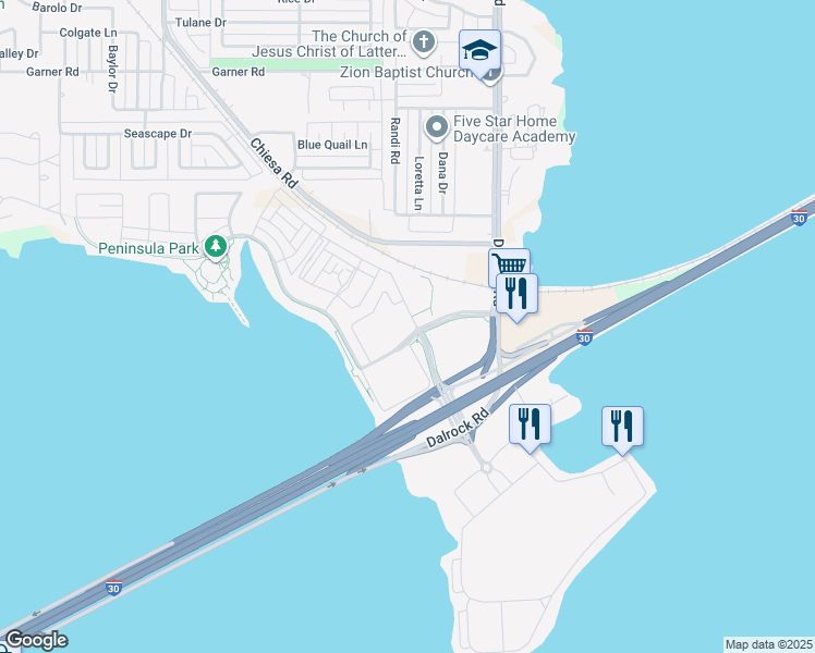 map of restaurants, bars, coffee shops, grocery stores, and more near 1801 Bayside Drive in Rowlett