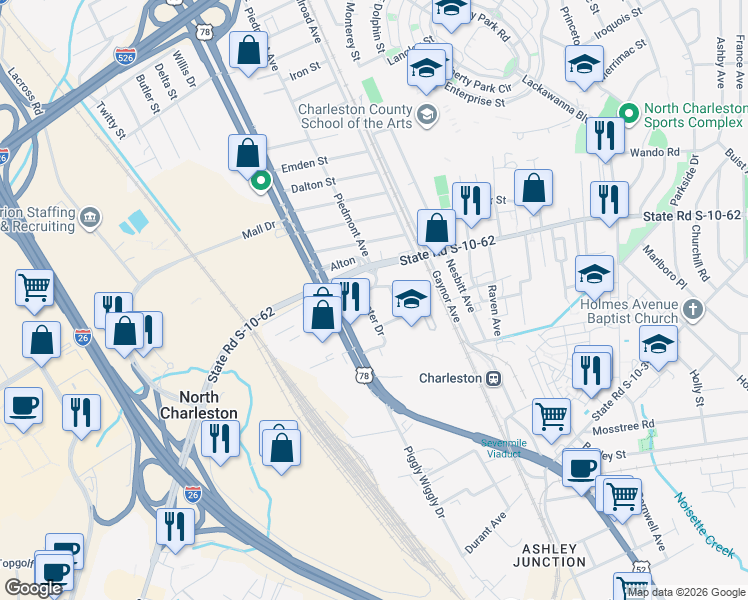 map of restaurants, bars, coffee shops, grocery stores, and more near 4755 Spruce Street in North Charleston