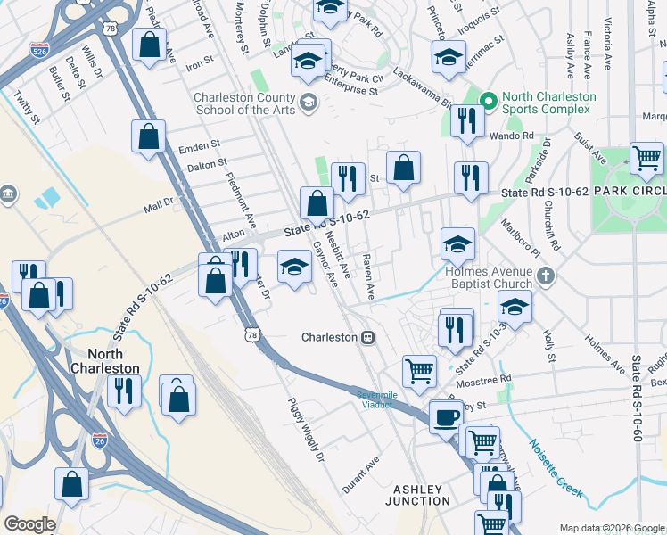map of restaurants, bars, coffee shops, grocery stores, and more near 4737 Nesbit Avenue in North Charleston