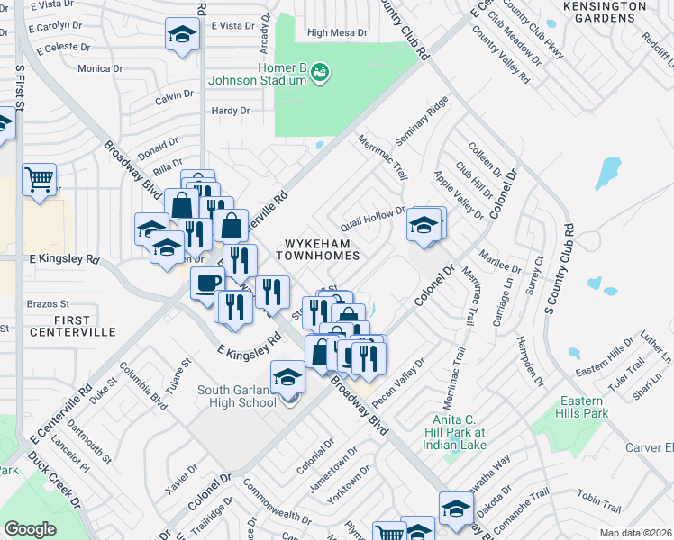 map of restaurants, bars, coffee shops, grocery stores, and more near 1117 Chimney Rock Trail in Garland