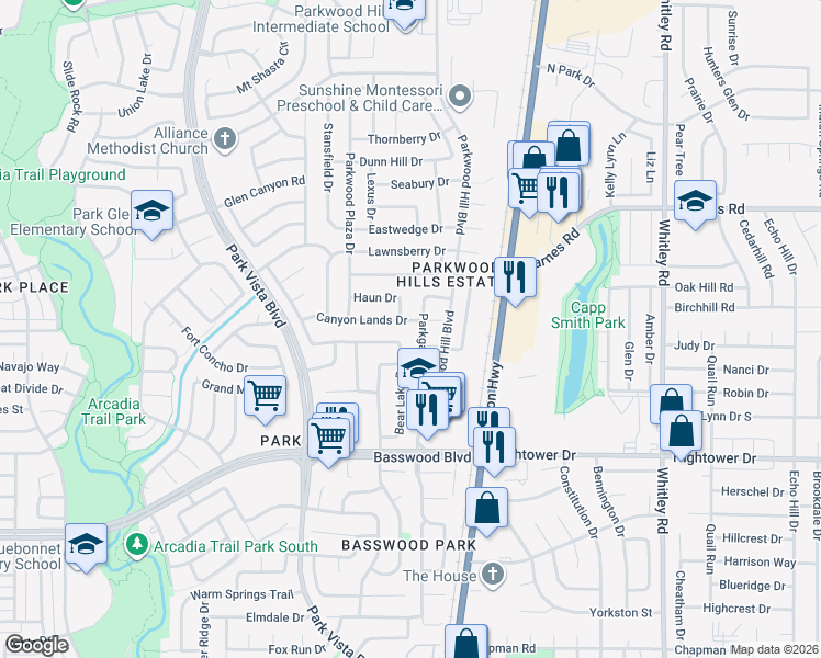 map of restaurants, bars, coffee shops, grocery stores, and more near 5562 Canyon Lands Drive in Fort Worth