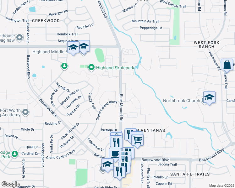map of restaurants, bars, coffee shops, grocery stores, and more near 2653 North Blue Mound Road in Fort Worth