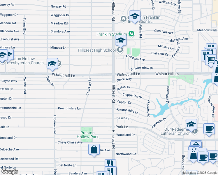 map of restaurants, bars, coffee shops, grocery stores, and more near 6831 Stefani Drive in Dallas