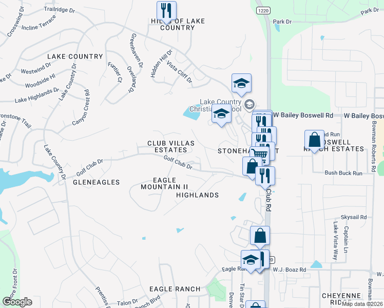 map of restaurants, bars, coffee shops, grocery stores, and more near 8412 Golf Club Circle in Fort Worth