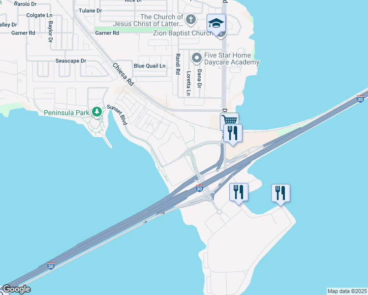 map of restaurants, bars, coffee shops, grocery stores, and more near 1801 Bayside Drive in Rowlett