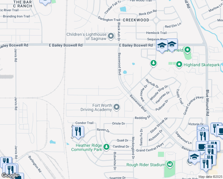 map of restaurants, bars, coffee shops, grocery stores, and more near 632 Dunster Lane in Saginaw