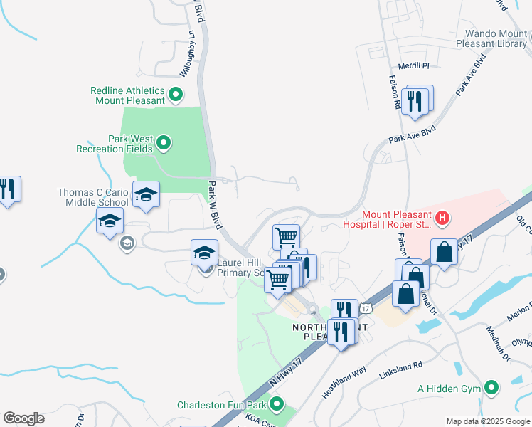 map of restaurants, bars, coffee shops, grocery stores, and more near 3367 Eastman Drive in Mount Pleasant