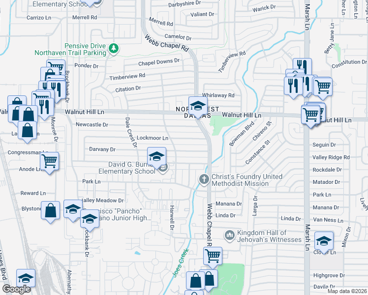 map of restaurants, bars, coffee shops, grocery stores, and more near 3317 Darvany Drive in Dallas
